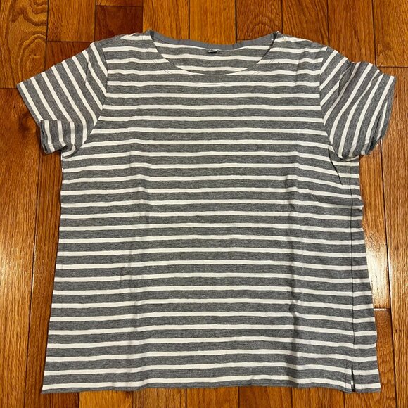 UNIQLO Gray White Stripe 100% Cotton Short Sleeve Crew Neck Tee T Shirt sz XL - Picture 2 of 6